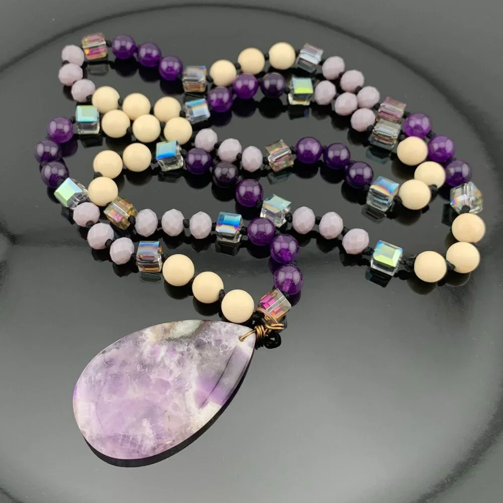 Amethyst Stone Teardrop Stone & Glass Beads Long Necklace Boho J890 - Picture 8 of 10
